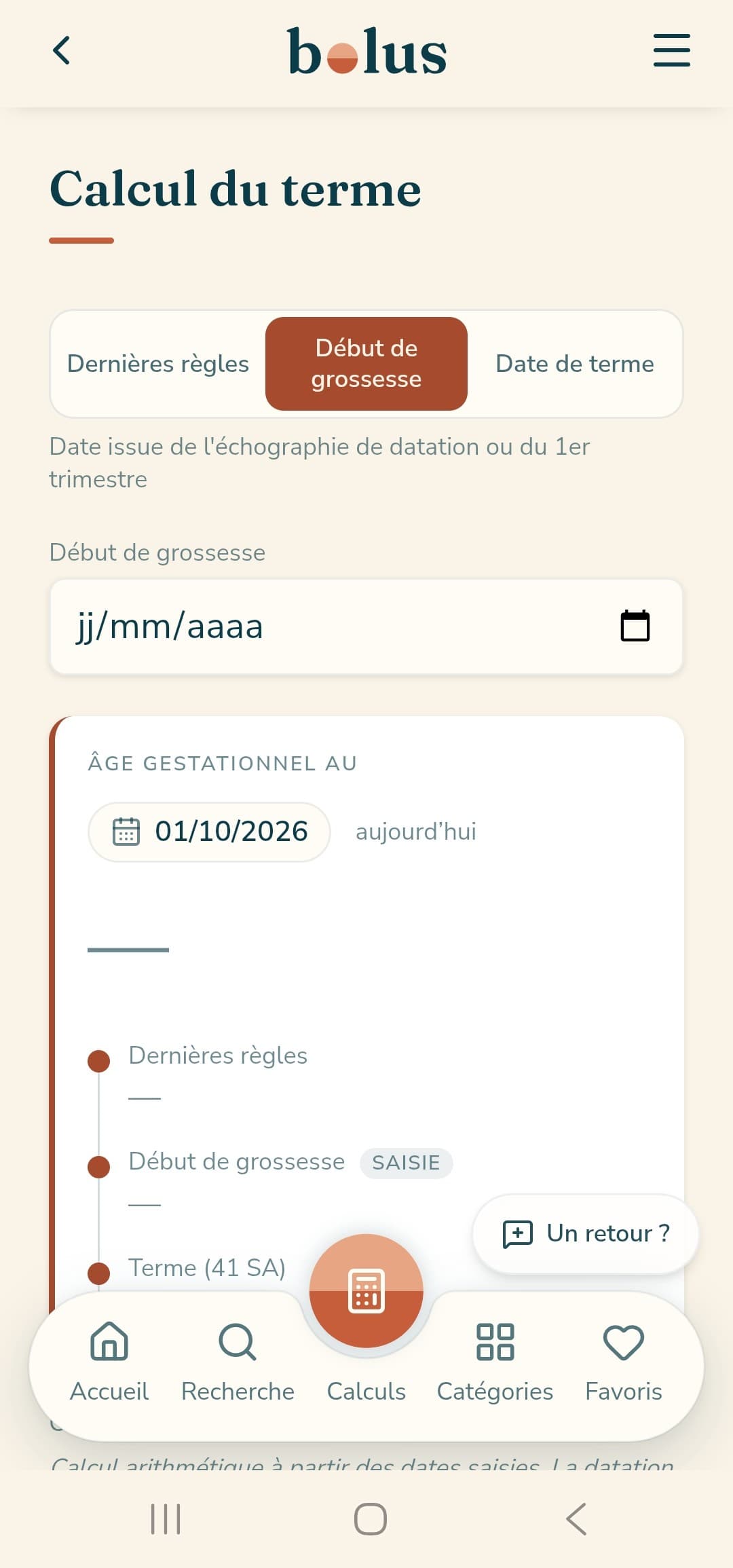 Due date and gestational age calculator in the Bolus app