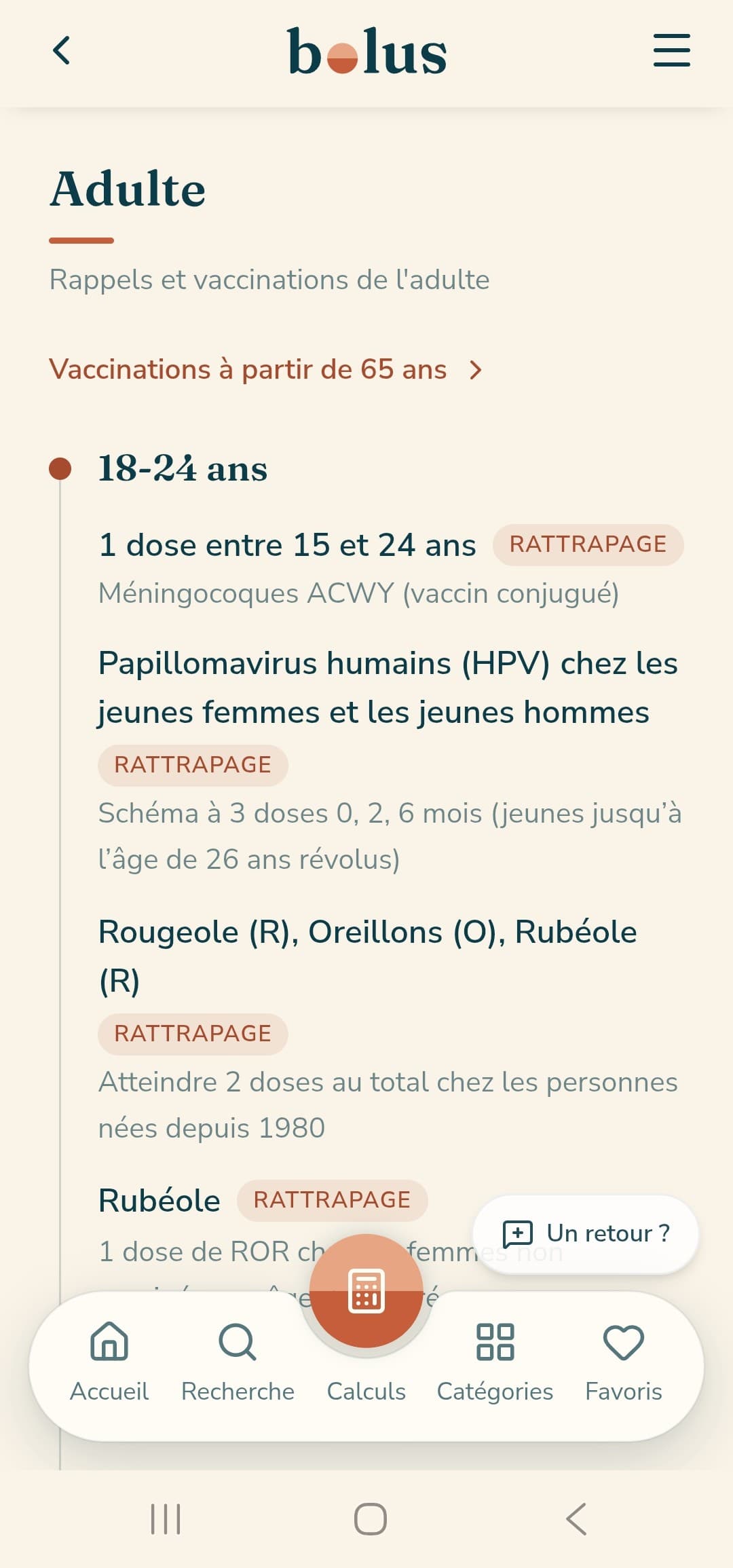 Adult vaccination schedule by age group in the Bolus app