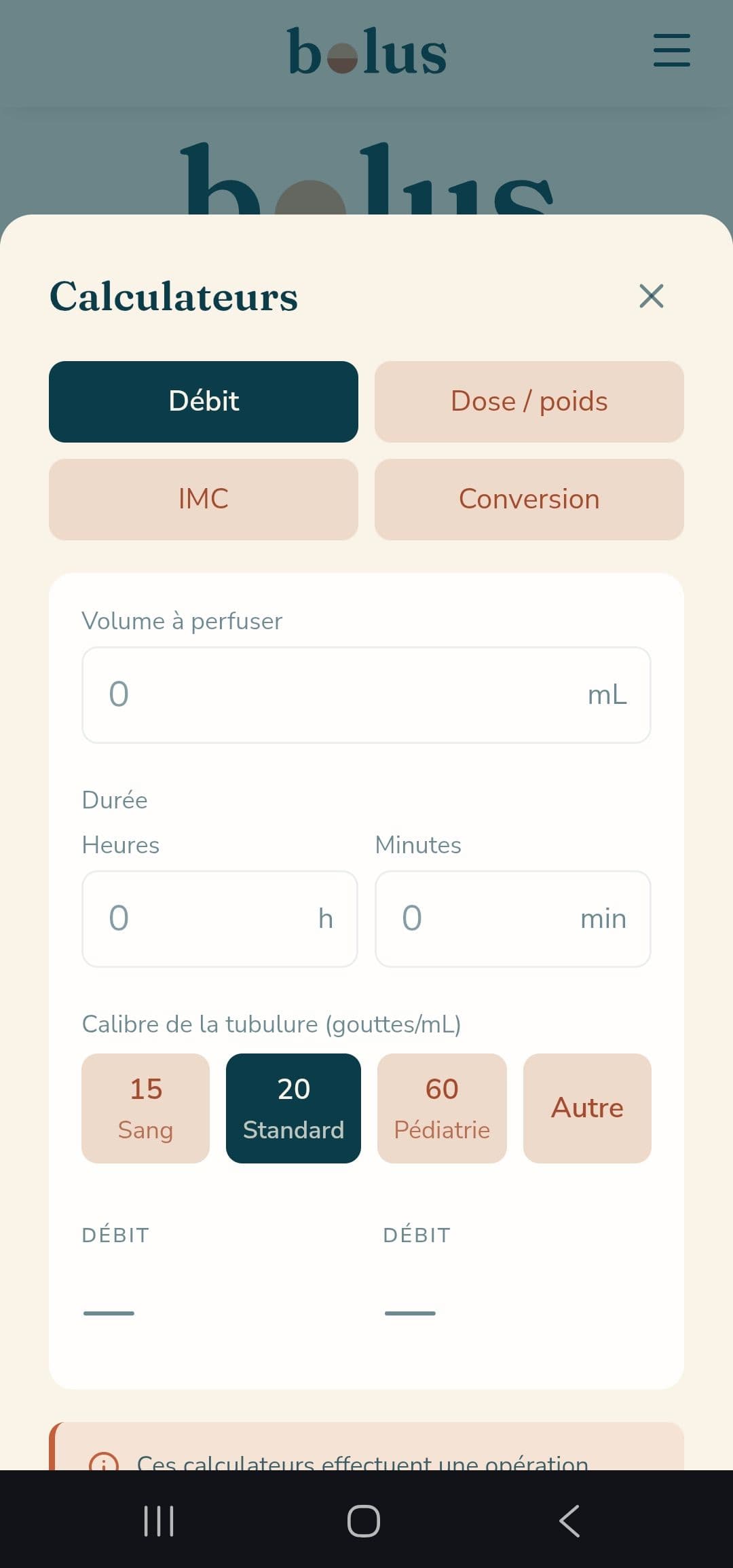 Calculateur de débit de perfusion dans l'application Bolus