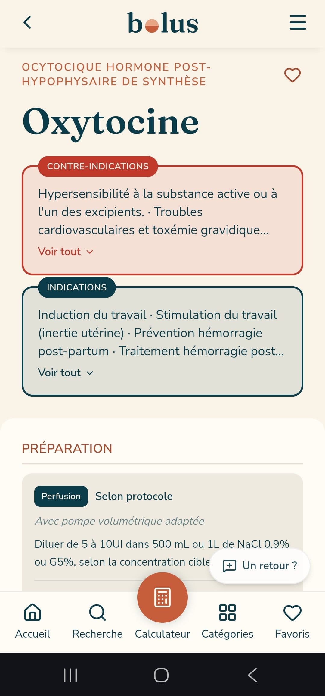 Fiche médicament Oxytocine dans l'application Bolus