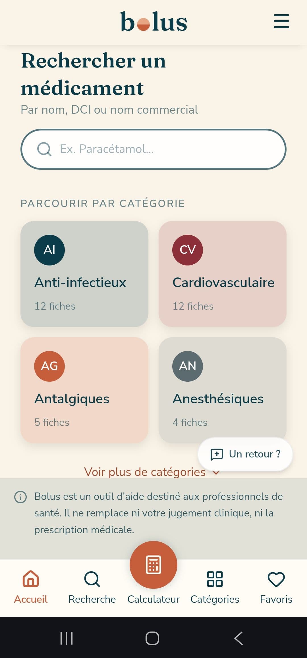 Écran d'accueil de Bolus avec la recherche de médicament et les catégories